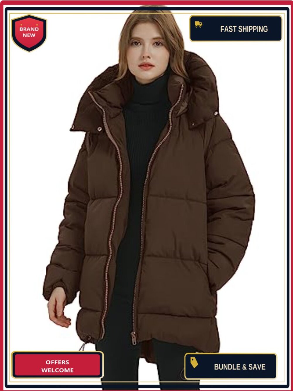 Women's Puffer Coat with Hood, Long Winter Jacket, Quilted, Loose Fit, Water